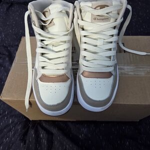 Champion High-Top Sneakers in Cream and Brown